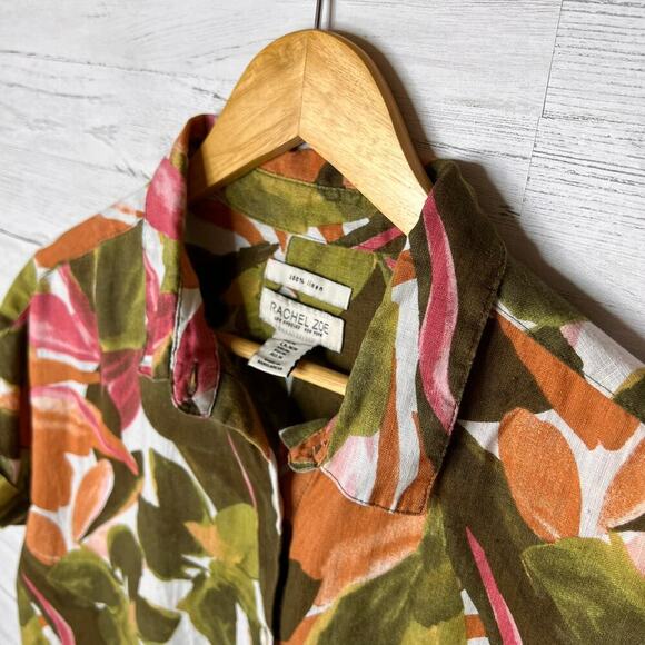 Rachel Zoe Top Womens Size Medium Colorful Floral Foliage 100% Linen Button Down - Picture 10 of 16